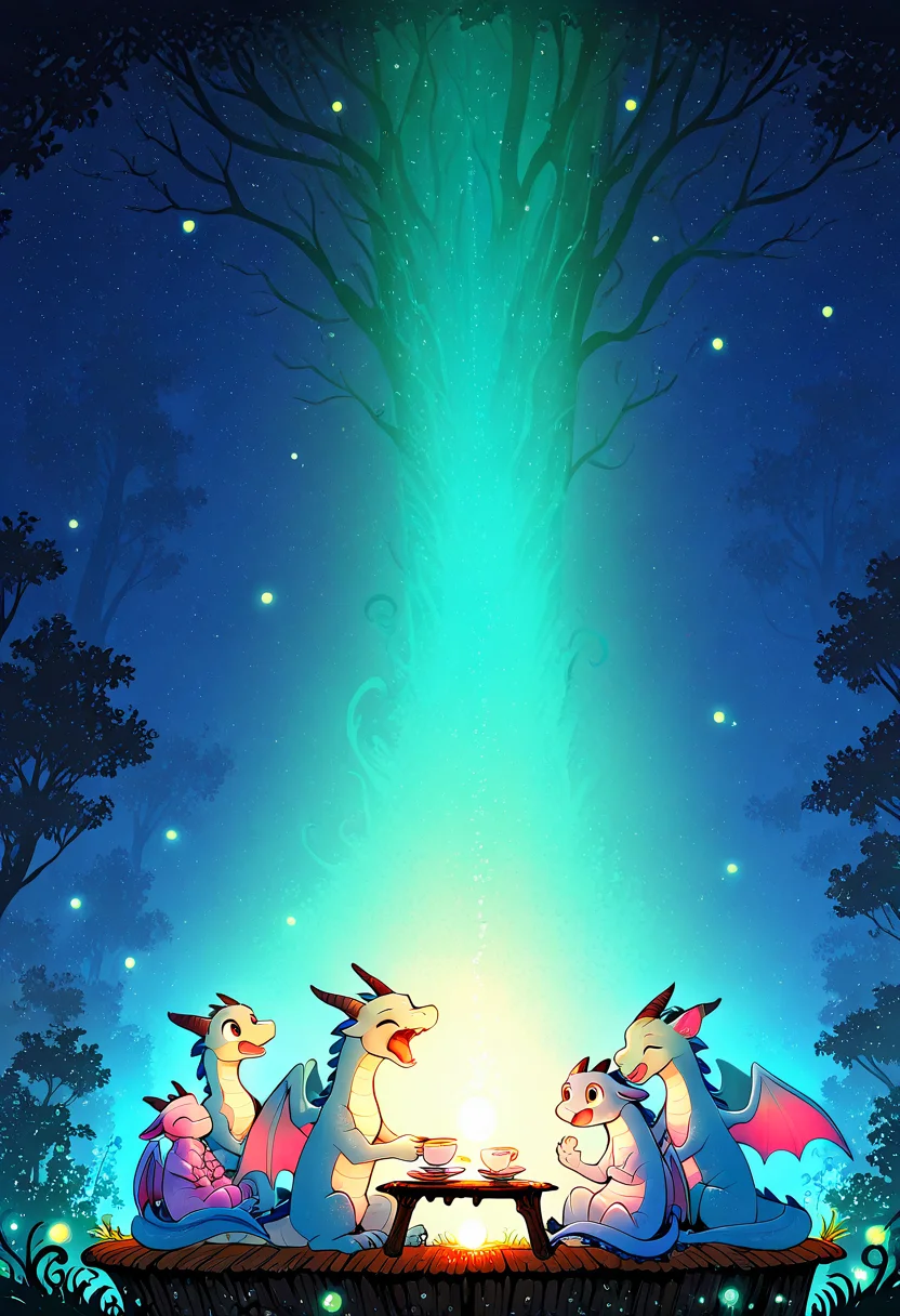 CreeepyCuteMagic,   dragon, baby dragon, teacup, curled up, yawning, pastel scales, glowing fireflies, enchanted table, soft lighting, cozy fantasy, cinematic light, whimsical, childrenâs book illustration.