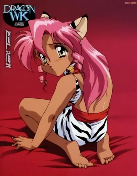 masterpiece, best quality, very aesthetic, absurdres, 1girl, Pink_PonyXL,vsleeveless dress, red sash, white tiger print, tail, neck bell, oldest, barefoot, 1990s \(style\), retro artstyle, text saying "Dragon Pink",  logo, dvd cover, <lora:PinkXL-v1:1>