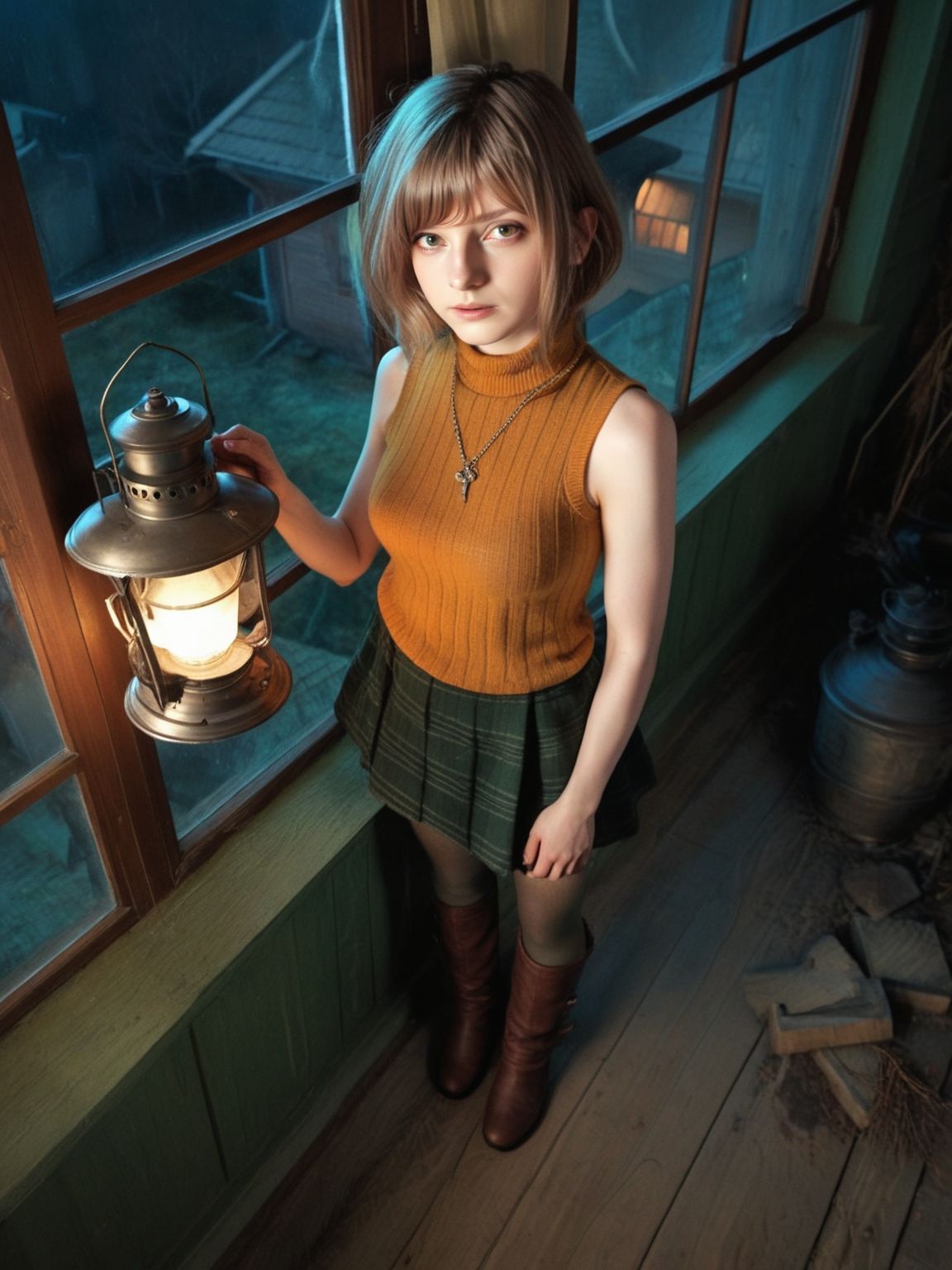 realistic,photo,sleeveless turtleneck,cinematic,
<lora:Ella_Freya_v1_biglust:1>(ellfrya:1.2),adult,ashl hair,(pantyhose:1.2),long brown boots,green skirt,
none,night,inside,village outside window,holding small vintage lantern,from above,standing pose,
mystical,dystopian,horror \(theme\), best quality,