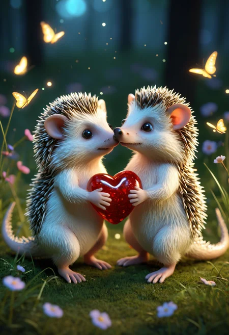 High-detail masterpiece 3D image composition featuring a variety of unique and adorable creatures in a heartwarming, romantic setting, with a gentle, loving atmosphere, BREAK,
A Dragon, with Delicate Wings, gazing lovingly at its companion, filled with Love, in an irresistibly cute, 3D style, BREAK,
A Hedgehog, with Round, Soft Features, sharing a Heart-Shaped Object, with Bright Eyes, BREAK,
The two creatures are Sharing a Heart-Shaped Object, surrounded by Glowing Fireflies, with each element having a soft, round, 3D look, enhancing their cuteness, BREAK,
The scene is set in a Serene Meadow, where Sparkling Trails illuminate the surroundings, creating a dreamy, romantic atmosphere with soft, glowing lighting, bringing everything to life in a 3D, cuddly way, <lora:add-detail-xl:1>