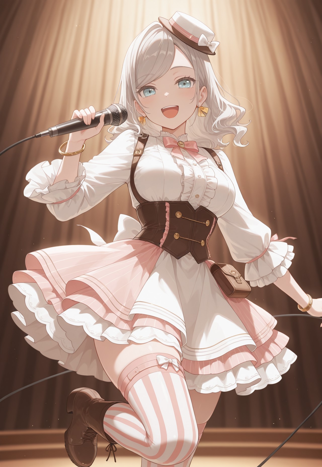 masterpiece,best quality,amazing quality,absurdres, looking at viewer, frills, hat, thighhighs, bow, holding, smile, frilled dress, dress, swept bangs, jewelry, earrings, blurry, microphone, :d, corset, open mouth, frilled sleeves, looking at viewer, standing on one leg, vertical stripes, brown hair, striped, depth of field, bangs, holding microphone, standing, blurry background, long sleeves, striped thighhighs, breasts, pink bow, center frills, bracelet, hand up, white bow, boots, pouch, shirt, teeth, upper teeth only, underbust, ceras_yl, white hair, grey hair, light blue eyes, medium breasts