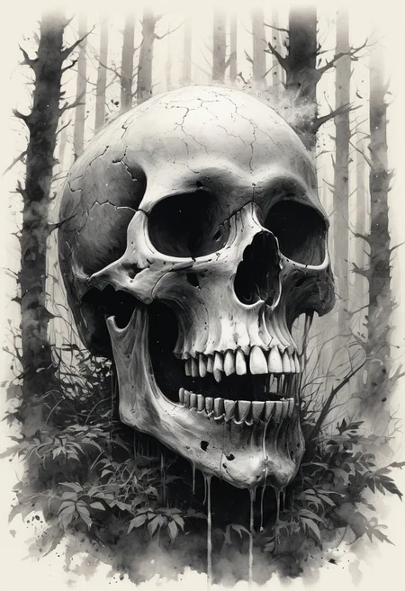 A dark fantasy 24mm portrait illustration of a Skull in a ink wash drawing style, set in a mystical fog-covered forest, a dynamic action pose and an grimace expression. The scene is illuminated by natural diffused daylight, enhancing the whimsical atmosphere. dust particles catching the golden sunlight. A breathtakingly detailed anime-style masterpiece, rendered with ultra-HD precision and vibrant, hand-crafted depth. Each detail is masterfully refined, encapsulating the essence of the scene in stunning resolution., <lora:add-detail-xl:0.5>,  <lora:xl_more_art-full_v1:0.8>,