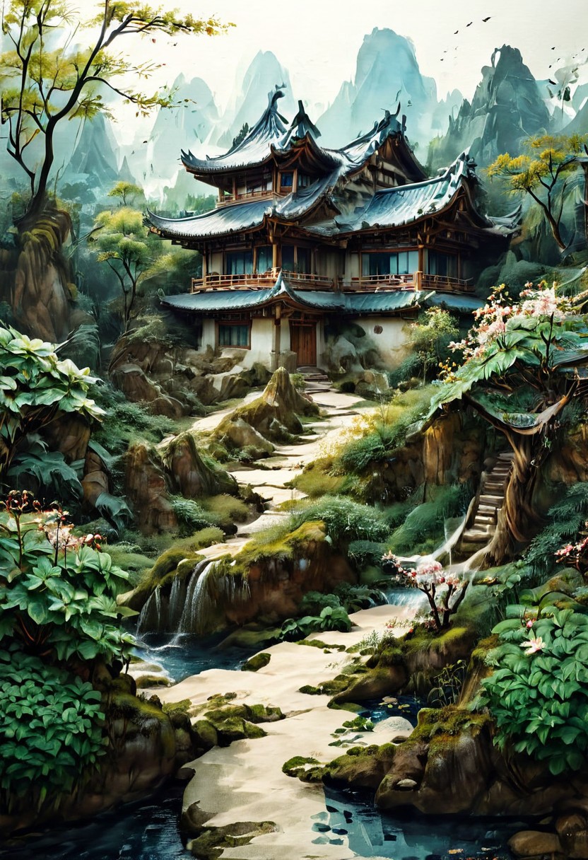 An asian House and Sakura garden made of blue and white porcelain, asian landscape in the background, SimpleNegativeV3,zavy-chnsdrgn, masterpiece, award winning, very detailed, porcellana style