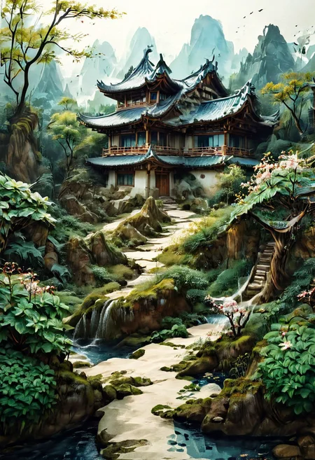 An asian House and Sakura garden made of blue and white porcelain, asian landscape in the background, SimpleNegativeV3,zavy-chnsdrgn, masterpiece, award winning, very detailed, porcellana style