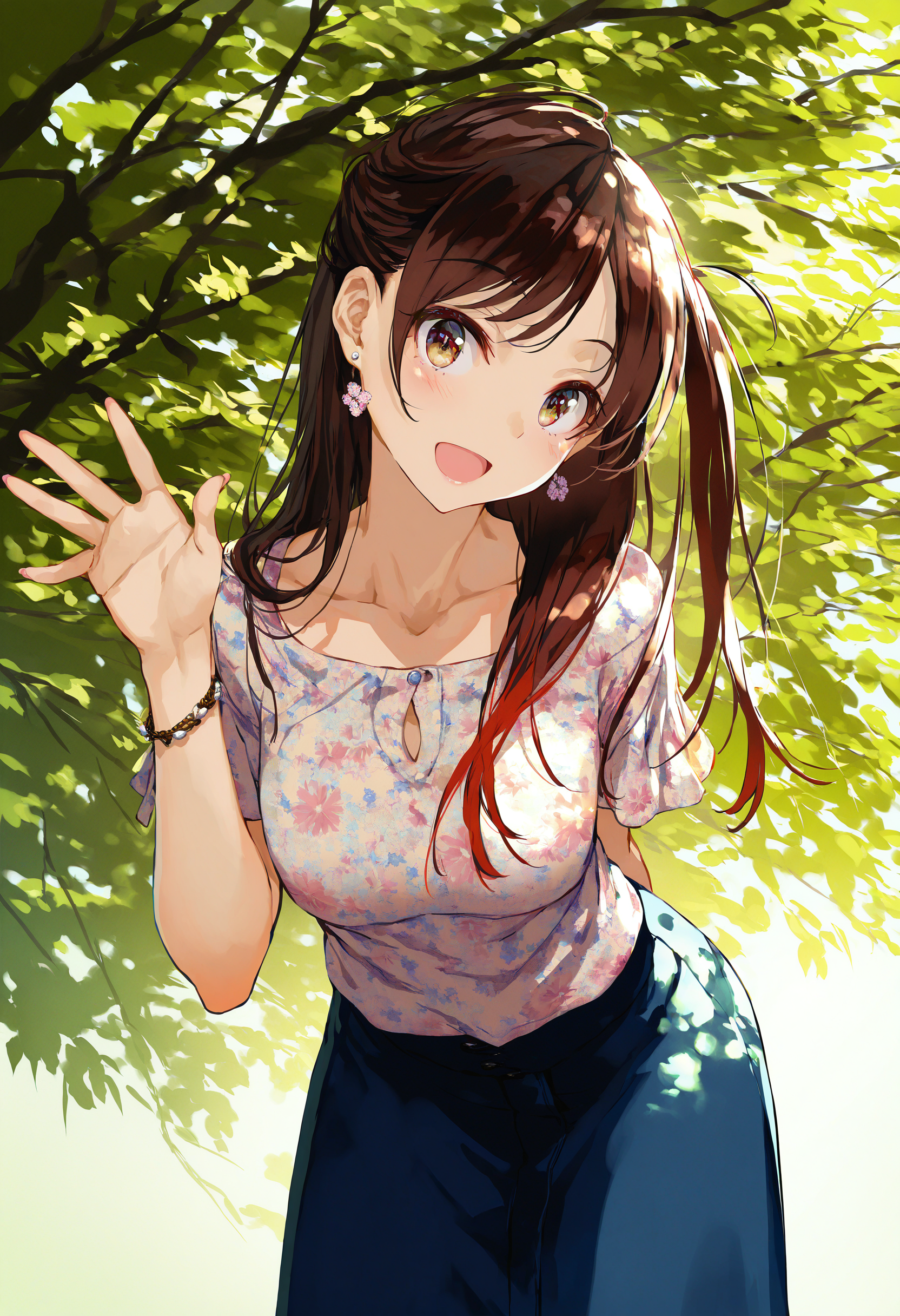 by [lack|fuzichoco|lam|kinta \(distortion\)|wlop|quasarcake|nixeu|happoubi jin],
by miyajima reiji, mizuhara chizuru, 1girl, solo, long hair, brown hair, open mouth, jewelry, smile, skirt, head tilt, looking at viewer, earrings, collarbone, :d, bracelet, blue skirt, arm behind back, waving, one side up, blush, shirt, floral print, brown eyes, standing, short sleeves, leaning forward, 
cinematic lighting, outdoors, tree shade, dappled sunlight, scenery, 
masterpiece, best quality, very aesthetic, absurdres
<lora:illustrious_all_rated_v1:1>