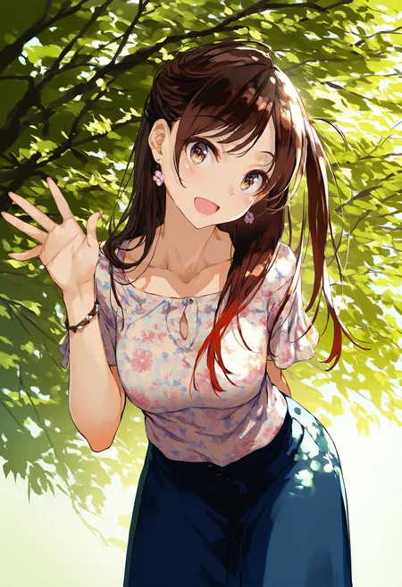 by [lack|fuzichoco|lam|kinta \(distortion\)|wlop|quasarcake|nixeu|happoubi jin],
by miyajima reiji, mizuhara chizuru, 1girl, solo, long hair, brown hair, open mouth, jewelry, smile, skirt, head tilt, looking at viewer, earrings, collarbone, :d, bracelet, blue skirt, arm behind back, waving, one side up, blush, shirt, floral print, brown eyes, standing, short sleeves, leaning forward, 
cinematic lighting, outdoors, tree shade, dappled sunlight, scenery, 
masterpiece, best quality, very aesthetic, absurdres
<lora:illustrious_all_rated_v1:1>