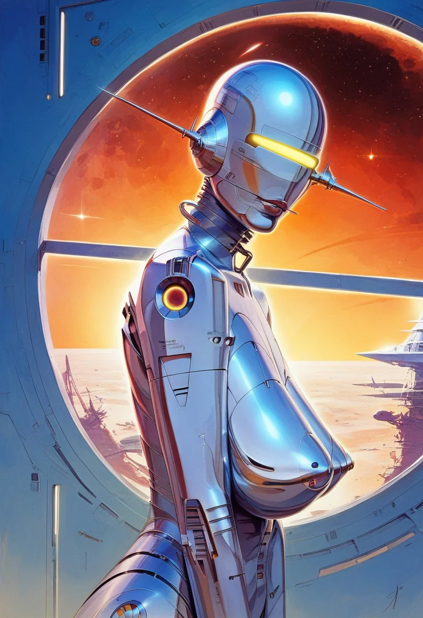 score_9, score_8_up, score_8_up, 1girl, robot, large saggy tits, deep cleavage,((uuper body focus)) steel collar, feminine, big saggy breasts, nipple , looking at viewer, in space ship , dramatic lighting < BDSM outfit , looking away, ((space ship window in the back looking at starts)) side view
by norman rockwell