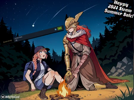 score_9, score_8_up, score_7_up, score_6_up,source_anime, rating_safe,
2girls, night, campfire, depth of field,dutch angle,
<lora:incase_v14:0.3>,
BREAK
<lora:steam_delivery:0.8> , SDG, hat, shorts, jacket, shirt, backpack, braid,
sitting, knees up,log, leaning back, looking up, open mouth,head back, BREAK
<lora:Malenia_pdxl_Incrs_v2:1> , MaleniaDef, red hair, covered eyes, helmet, fur trim, brown dress, red cape, armor, single scar on arm, single mechanical arm, mechanical leg, wariza,