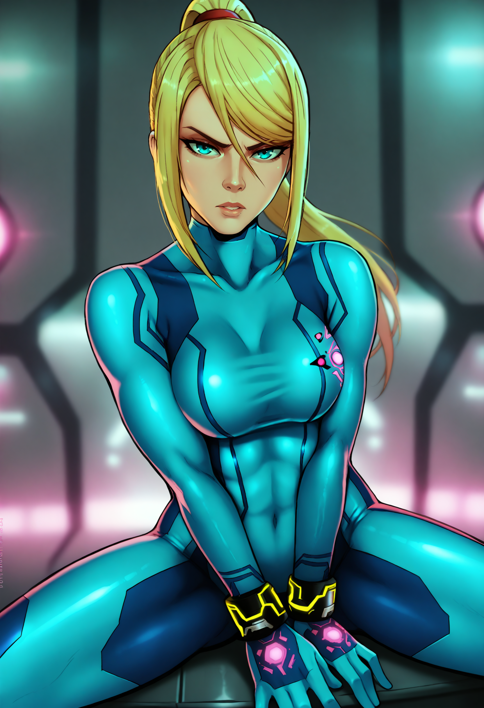 score_9, score_7_up <lora:shadman-guy-PONY-DORAv1:1>, 1girl, solo, samus aran, bodysuit, sitting, skin tight, breasts, looking at viewer, depth of field, glowing, zero suit, portrait