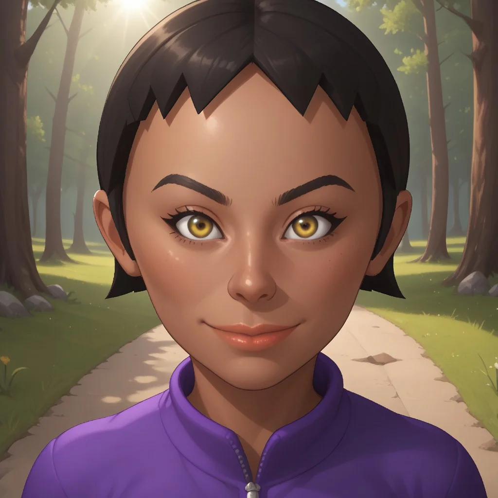 score_9, score_8, BREAK, solo, mii, wii, wii sports, 1girl, female mii, cute, black hair, black skin, black eyebrows, dark yellow eyes, lips, purple clothing, white pants, shoes, breasts, Sandra_(Wii_Sports), nintendo mii, modern_mii, classic_mii, sexy pose, smile, outdoors, sunlight, shadows, evening lighting, natural lighting, forest, trees, grass, orange sky, sunset