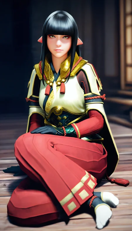 masterpiece,best quality,amazing quality,
<lora:mhminotoNAI:1>,mhminoto,realistic,
1girl,solo,black hair,long hair,blunt bangs,no hair ornament,yellow eyes,red and white short cape,white robe top,green waist armor,red hakama pants,black gloves,
white socks,no shoes,
looking at viewer,
sitting,on floor,holding knee,
indoors,
wooden floor,