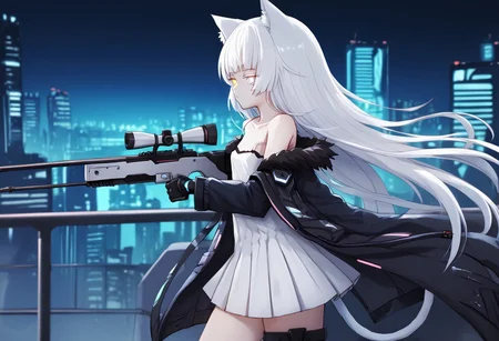 1girl, highres, Nekoya_AWP, colored eyelashes, blue eyes, very long hair, bangs, white hair, heterochromia, yellow eyes, cat ears, animal ear fluff, strap slip, cat tail, white dress, bare shoulders, pleated dress, collarbone, black gloves, gloves, jacket, fur-trimmed jacket, off shoulder, black jacket, cyberpunk, science fiction, neon light, rooftop, cityscape, aiming, bolt action, rifle, from side, looking to the side