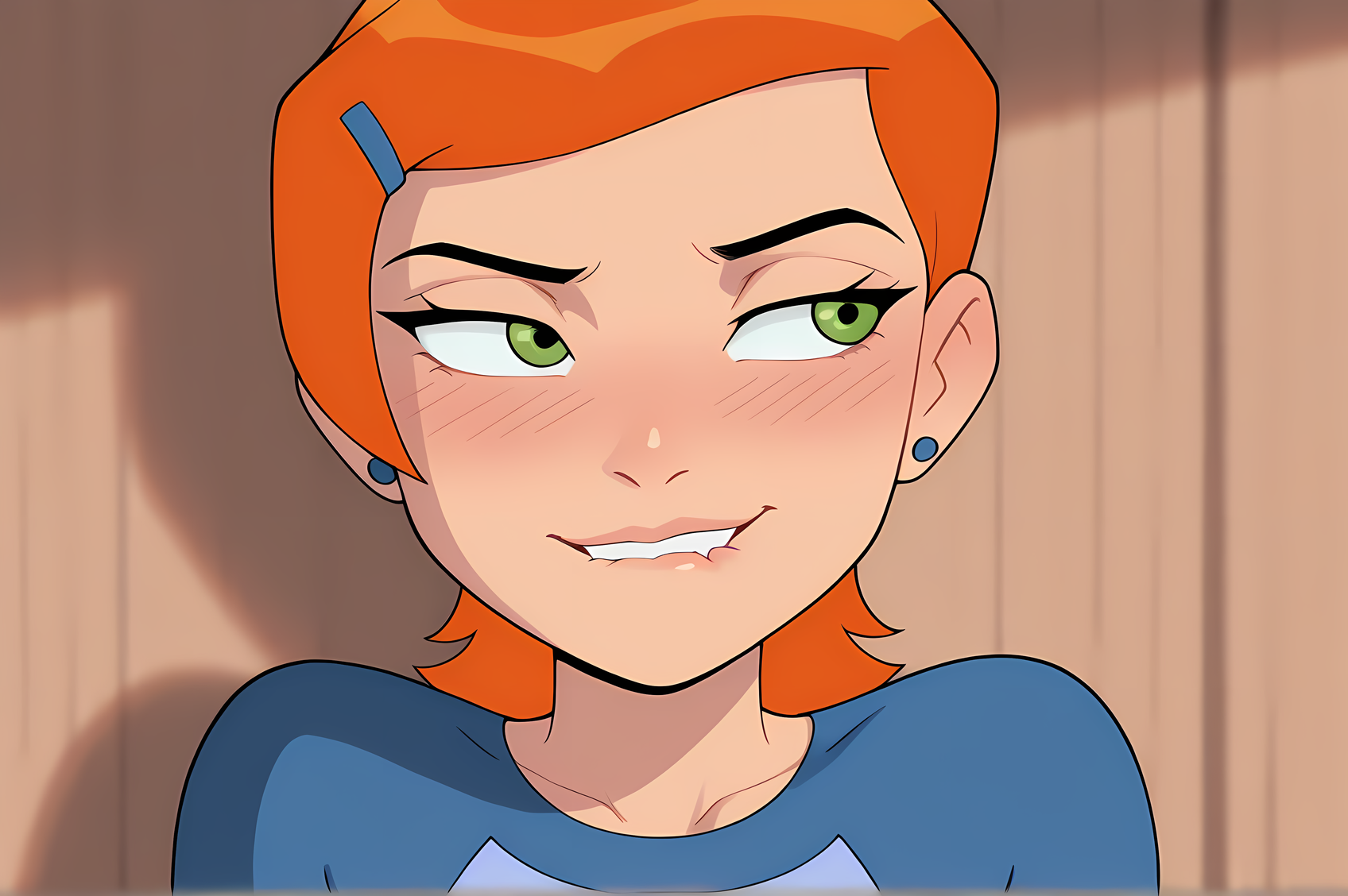 best quality, absurdres, 
 <lora:GwenTennyson_Ben10_illustrious_Leaf1:1> gwen_tennyson, green eyes, orange hair, short hair,
1girl, naughty face, close up, biting own lip, blush, looking to the side,