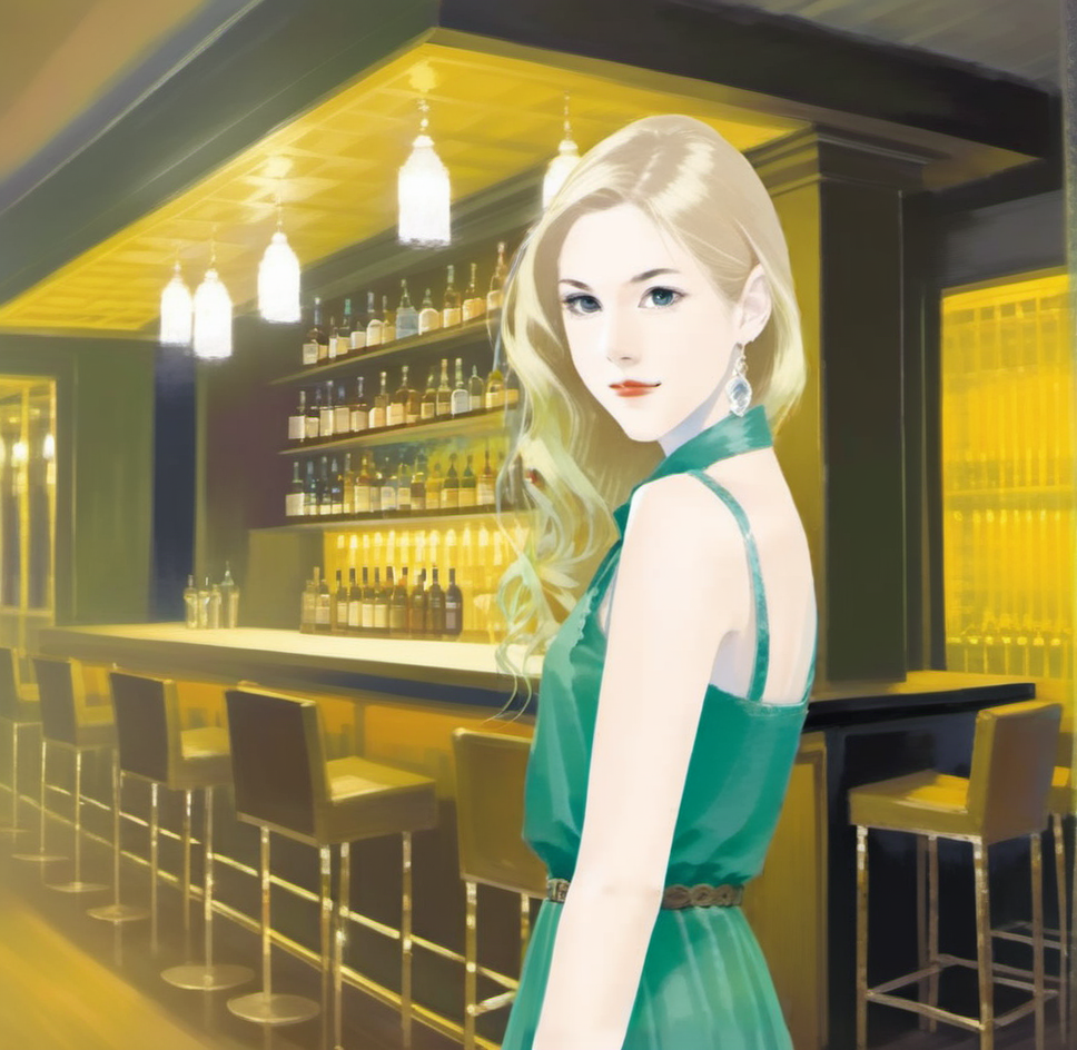 The image shows a woman in a green dress standing in front of a bar, illuminated by lights hanging from the ceiling. She is surrounded by tables and chairs, and there are bottles in the racks behind her. <lora:å°è¯´ç«ç»-000009:0.8>,