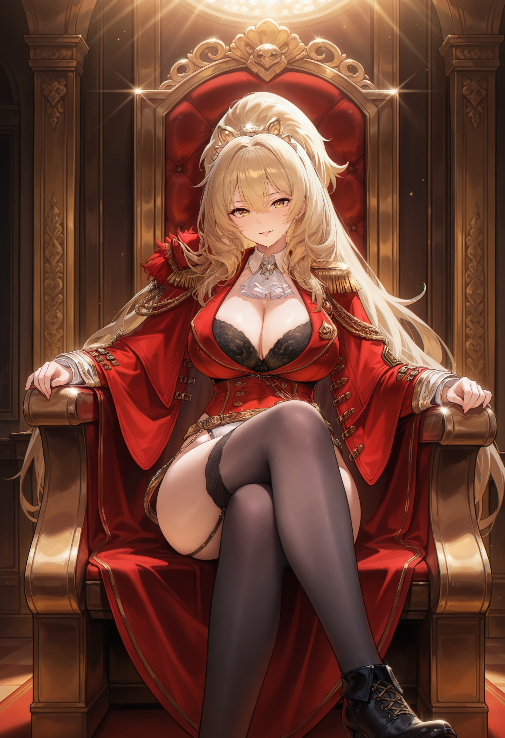 masterpiece, best quality, amazing quality,lionAZ, yellow eyes, blonde hair, long hair, high ponytail, 1girl, breasts, solo,default outfit, cleavage,large breasts,tiara, epaulettes,black thighhighs, black bra, red jacket, garter straps, detached collar, white ascot, red capelet, aiguillette, red cape, white leotard, golden belt, long sleeves,crossed legs,black footwear,high heels,parted lips, light smile,hands on armrests, sitting, looking at viewer, indoors,golden throne, throne room, light ,5 fingers<lora:lionV1:0.8>