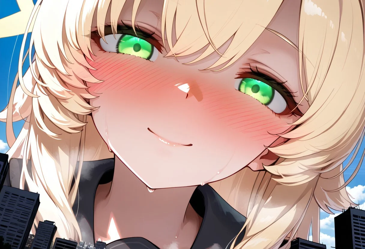 1girl, lmasterpiece, best quality, absurdres, ultra detailed, sweat, steam, imminent , detailed face,perfect eyes,easynegative,Close view,viewer is directly under model, ((super close-up view)),from below,((Ultra-low viewing angle)),(The angle of view looking up),(shaded face:0.7),(empty eyes:0.7),head tilt,yandere,yandere makeup, (love blush:1.5), half-closed eyes, glowing-eyes, smile,
close view good proportions,
((from below)),low shot,(The angle of view looking up),
professor niyaniya \(blue archive\),(blonde hair),halo,long hair, messy hair, sidelocks, green eyes,
(lien, rakia \(ds00309\), welt \(kinsei koutenkyoku\), kuro oolong, tempuru, aonagi ibane, terada ochiko: 1.0),(giga size:1.3),cityscape, cloud floating under girl,Macro,viewer is directly under model, ((super close-up view)),from below,((Ultra-low viewing angle)),
