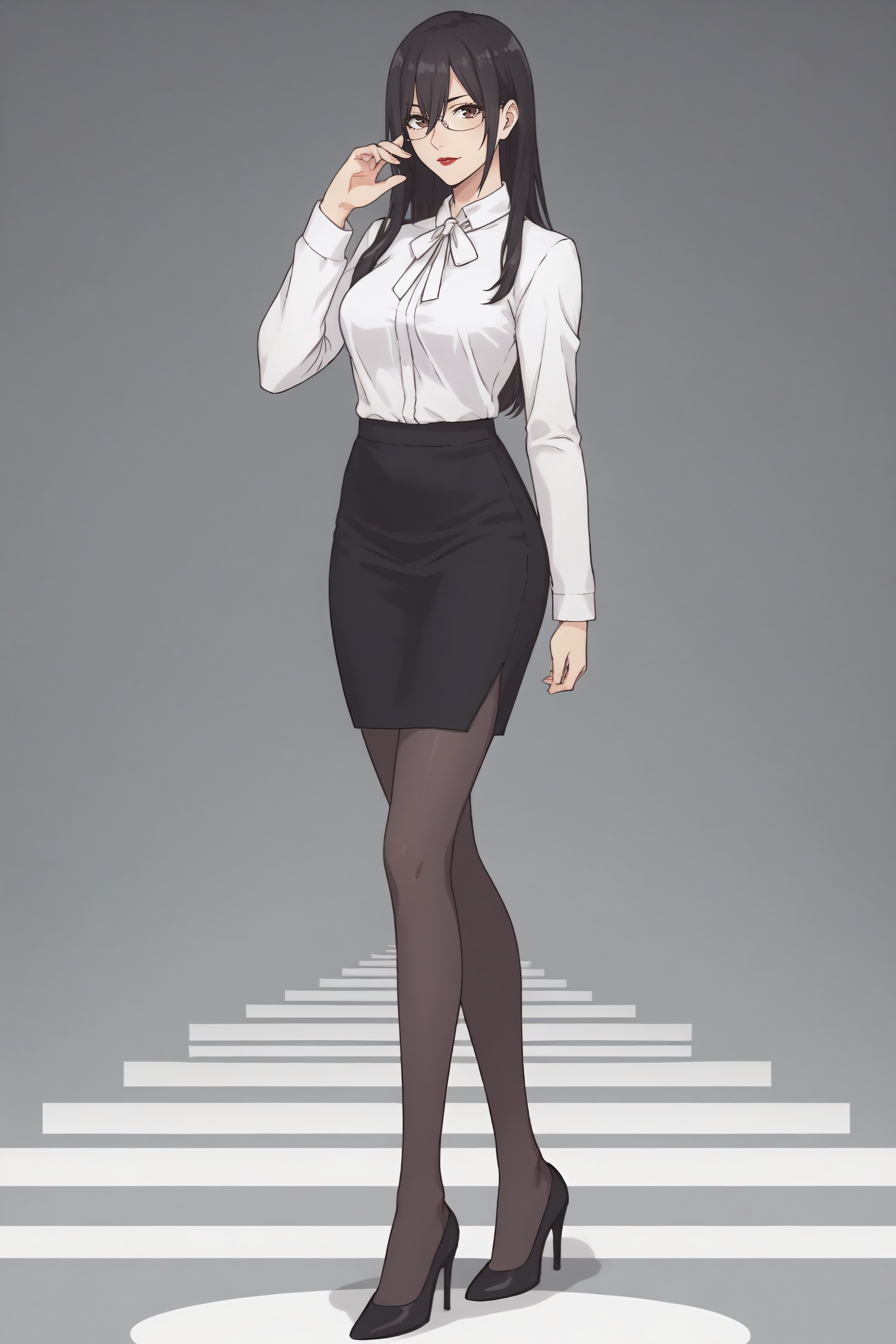 score_9, score_8_up, score_7_up, BREAK source_anime, <lora:Mayuri Hanyuu-PonyXL-lora-Faxtron:0.8> mayuri hanyuu, brown eyes, black hair, long hair, medium breasts, red lips, glasses, white shirt, white neck ribbon, pencil skirt, black pantyhose, high heels, standing,