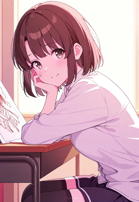 1girl,Megumi <lora:IL-KatoMegumi:0.8>,brown hair,katou megumi,brown eyes,short hair,solo, white shirt, skirt, black thigh highs, smile, closed mouth, blush, hand on own face, indoors, looking at viewer, sitting, from side, anime, drawing ,masterpiece,best quality,high quality,good quality,newest,((detailed eyes))