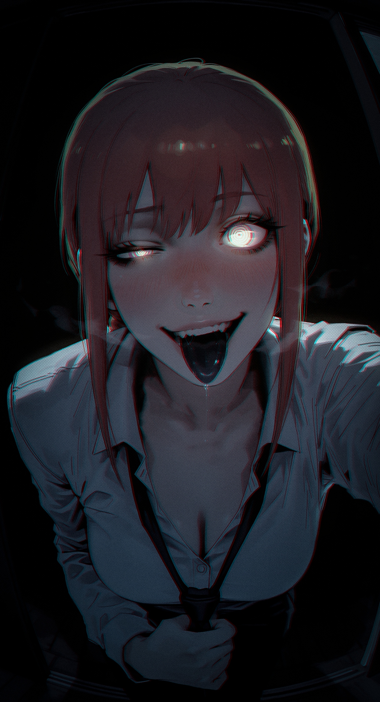 (by 
j.k.
:1.3), perfect teeth,
realistic, nose, lips, 1girl, solo, makima \(chainsaw man\), portrait, upper body, looking at viewer, (fisheye:1.3), (pov doorway:1.3), (foreshortening:1.2), (reaching towards viewer:1.2), head tilt,  smug,  nose blush, yandere, dark theme, glowing eyes, saliva trail between teeth, tongue out, thick eyelashes, (mismatched eyelashes:1.3),  long black tongue, loose necktie, (grabbing own necktie:1.2), leaning forward, (from above:1.2), (uneven eyes, one eye half-closed:1.2), yellow eyes, ringed eyes, 
masterpiece, best quality, amazing quality, very aesthetic,
<lora:nhl-004:0.85>  nhl-004,
<lora:nhl-003:0.5> nhl-003, 
<lora:nhl-002-nai:0.5> nhl-002,