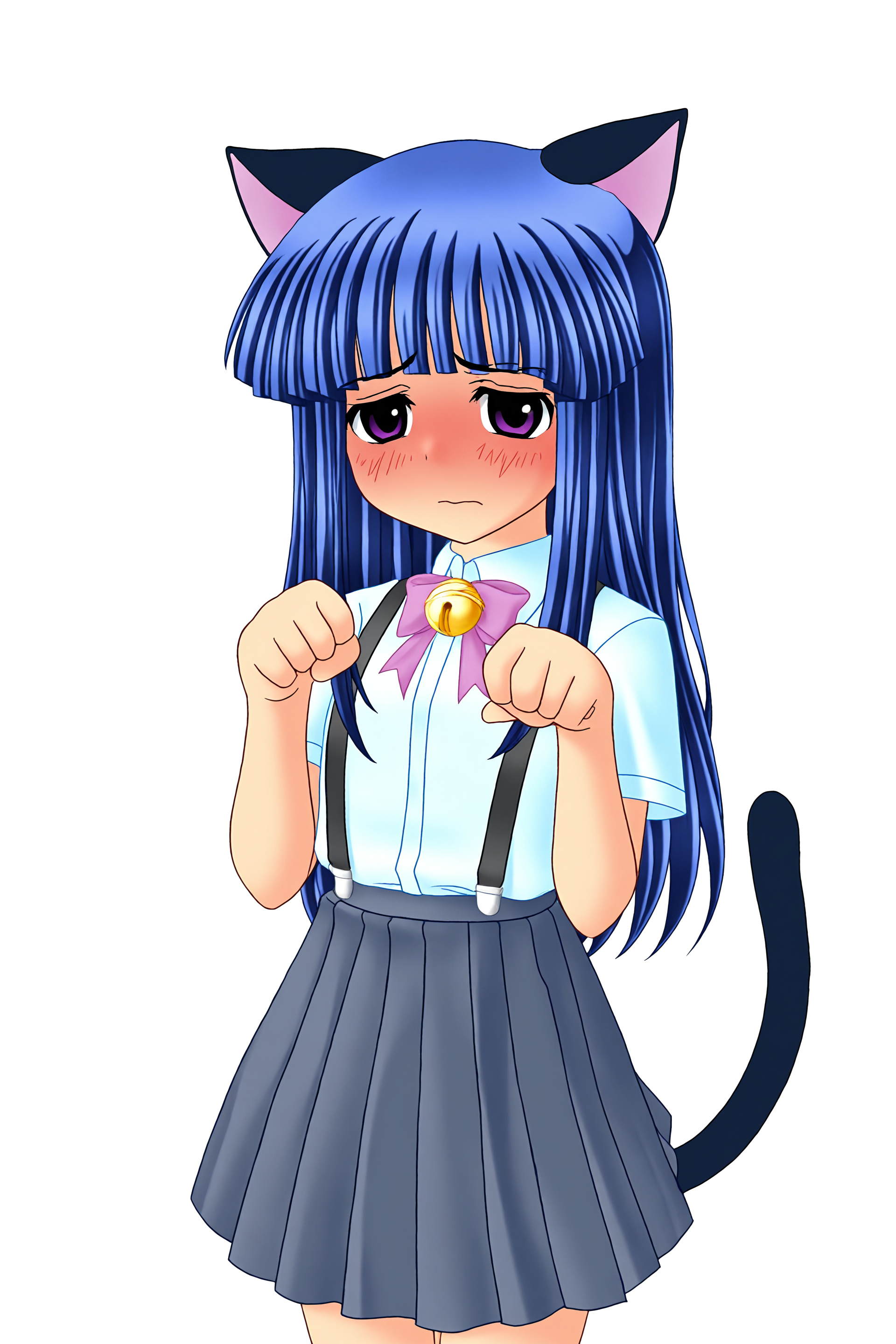 higurashiog, 1girl, petite, solo, long hair, blush, skirt, animal ears, blue hair, school uniform, purple eyes, tail, cat ears, cat tail, bell, suspenders, suspender skirt, furude rika, paw pose, embarrassed, 
(masterpiece, best quality, absurdres, highres), very awa, 