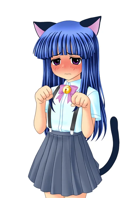 higurashiog, 1girl, petite, solo, long hair, blush, skirt, animal ears, blue hair, school uniform, purple eyes, tail, cat ears, cat tail, bell, suspenders, suspender skirt, furude rika, paw pose, embarrassed, 
(masterpiece, best quality, absurdres, highres), very awa, 