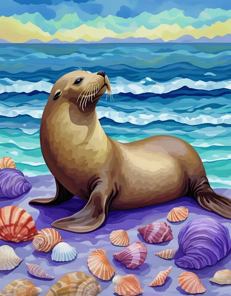 sea lion by the shore with seashells <lora:novuschroma50 style_4:.7> novuschroma50 style