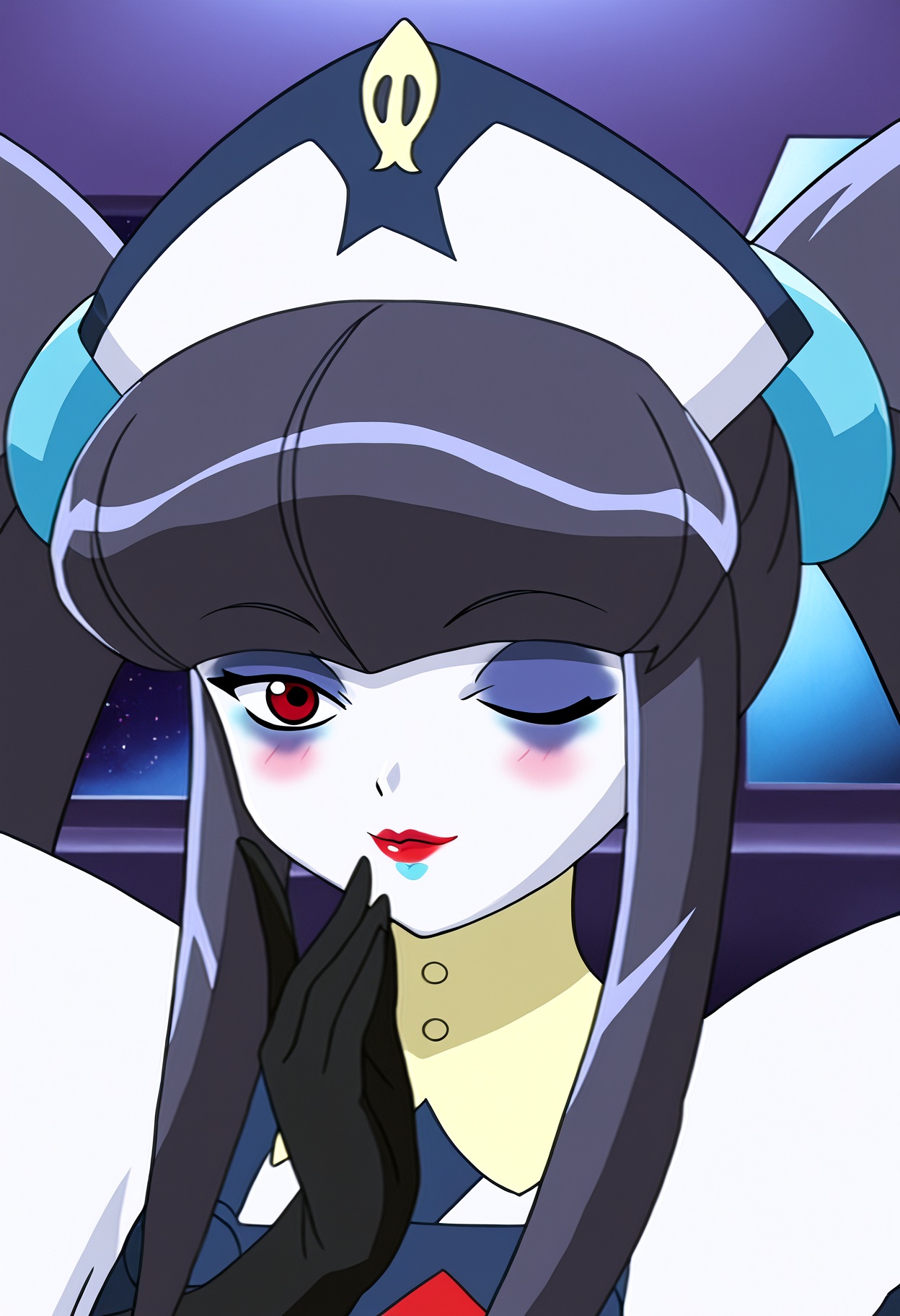 high quality, highres,
1girl, paiway underberg, solo,red eyes,looking at viewer, wink,paiway outfit,long hair, bangs, black hair, twintails, ponytail, blunt bangs, nurse cap,  gloves,indoors, space,  portrait,  geisha makeup, lipstick, seductive smile, blush,