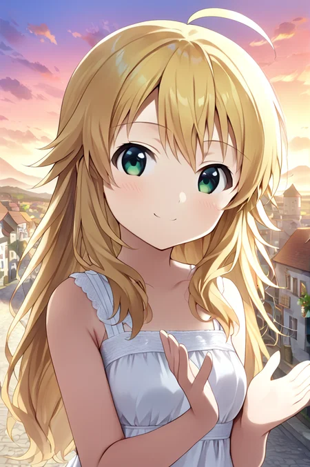 hoshii_miki, 1girl, solo,petite,long hair, blonde hair, green eyes,ahoge,medium breasts,close up,standing,looking at viewer,flowerhands,white dress, Make flower shape with both hands, open palms,incoming,upperbody,smile,cloud,sunset,town,wind<lora:Hoshii_Miki:0.7> <lora:better skin typeB-v1:0.7> <lora:XDetail_light:1>masterpiece,best quality,source anime
 <lora:negativeXL_D:1> <lora:_sdxl-flowerhands:0.7>