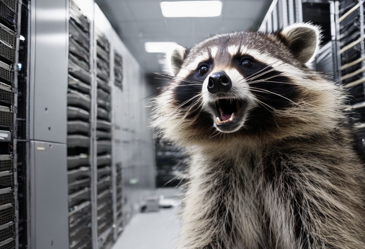 racoon selfie, in a messy server room, lagging screens on walls, servers racks