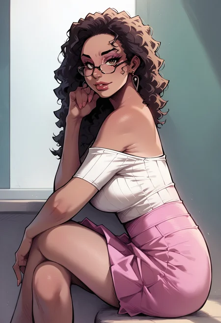 score_9, score_8_up, score_7_up, <lora:p4m3l4_v2:1> p4m3l4_v2,1girl,solo,looking at viewer, white top, pink skirt, glasses, earrings, sitting, from side