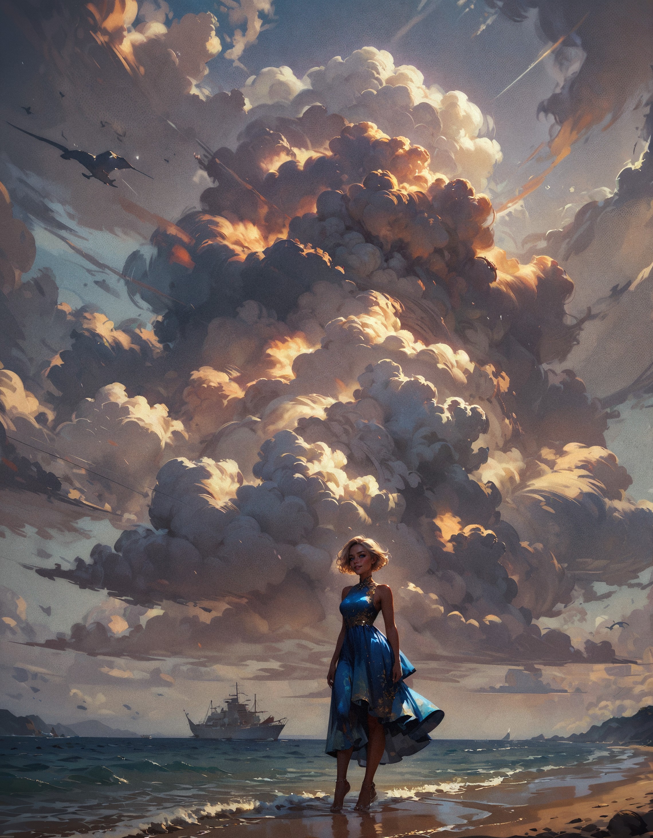 score_9, score_8_up, score_7_up, score_6_up, score_5_up, score_4_up,  woman, 25 years old, tan skin, blue fluorescent dress, (windy:1.3), stormy clouds, narrow hips, smiling, seashore, ocean, short blonde hair, blue eyes, blushing, golden hour