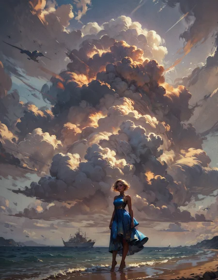 score_9, score_8_up, score_7_up, score_6_up, score_5_up, score_4_up, woman, 25 years old, tan skin, blue fluorescent dress, (windy:1.3), stormy clouds, narrow hips, smiling, seashore, ocean, short blonde hair, blue eyes, blushing, golden hour