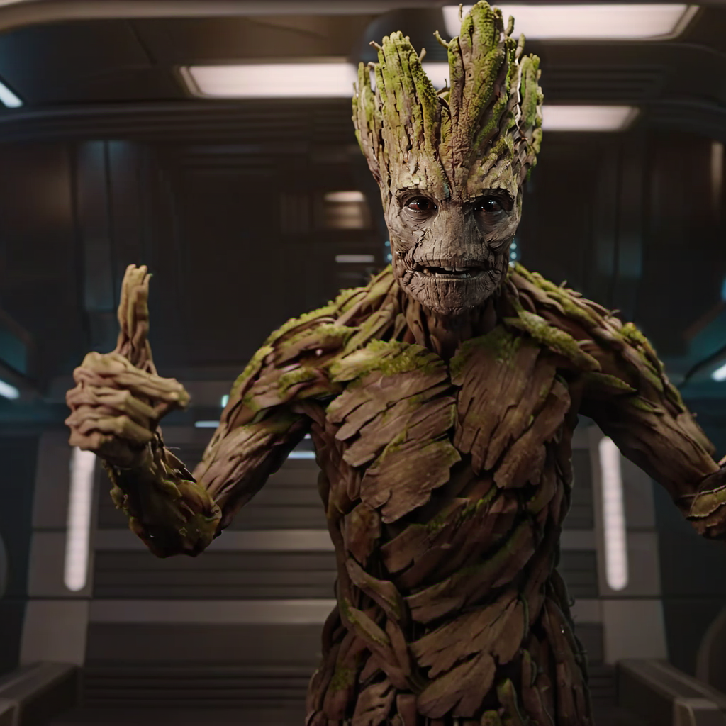 Groot1024, a human-tree, full body, sitting in a spaceship, thumbs up, detailed eyes, highly detailed, photography, ultra sharp, film, bokeh, professional, 4k   <lora:Groot1024:0.8>
