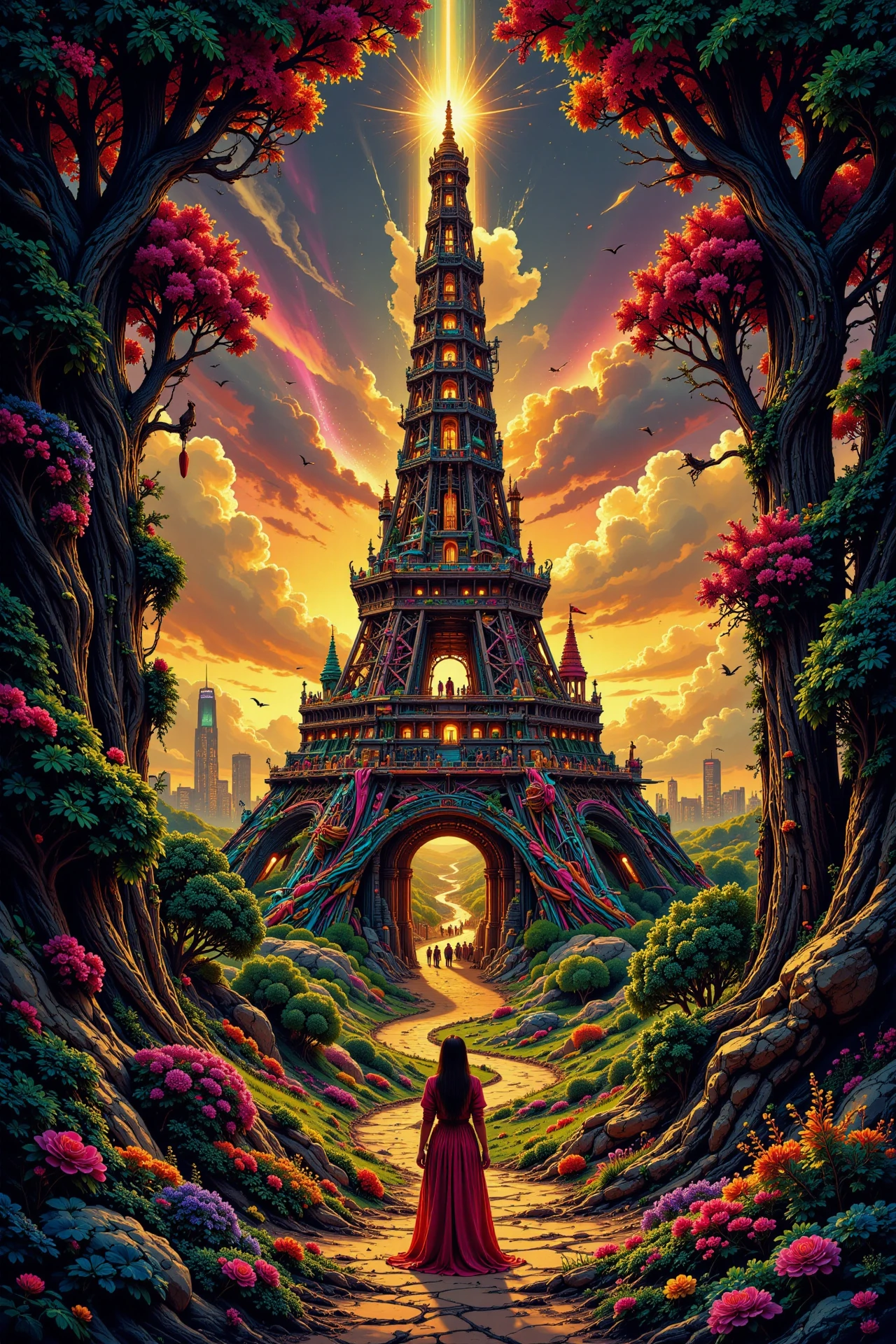 Magic tower beautiful  landscape, golden hour, woman, very intricate, very detailed, sharp, bright, colorful, <lora:Hand v2:0.5> <lora:Anti-Blur:1><lora:Insane Detail Slider:0.25>  <lora:flux.1_lora_flyway_Epic-detail_v2:0.3> <lora:fluxenhancer:0.25> <lora:ck-Neon-Retrowave:0.4> ck-rw, in the style of ck-rw,  <lora:Neurocore Anime Cyberpunk:0.8> A digital artwork in the style of cknc