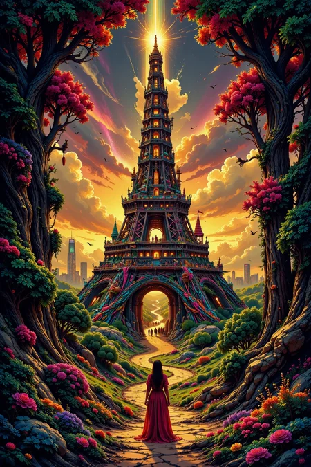 Magic tower beautiful  landscape, golden hour, woman, very intricate, very detailed, sharp, bright, colorful, <lora:Hand v2:0.5> <lora:Anti-Blur:1><lora:Insane Detail Slider:0.25>  <lora:flux.1_lora_flyway_Epic-detail_v2:0.3> <lora:fluxenhancer:0.25> <lora:ck-Neon-Retrowave:0.4> ck-rw, in the style of ck-rw,  <lora:Neurocore Anime Cyberpunk:0.8> A digital artwork in the style of cknc