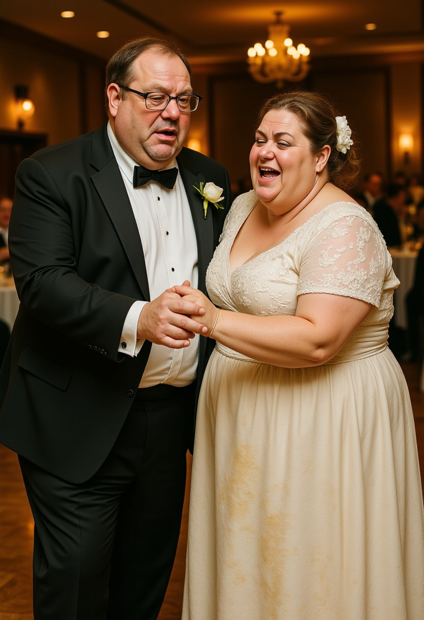 Realistic photo. A middle-aged couple, both significantly overweight with mismatched, stained clothing, attempting to dance awkwardly at a cheap wedding reception.