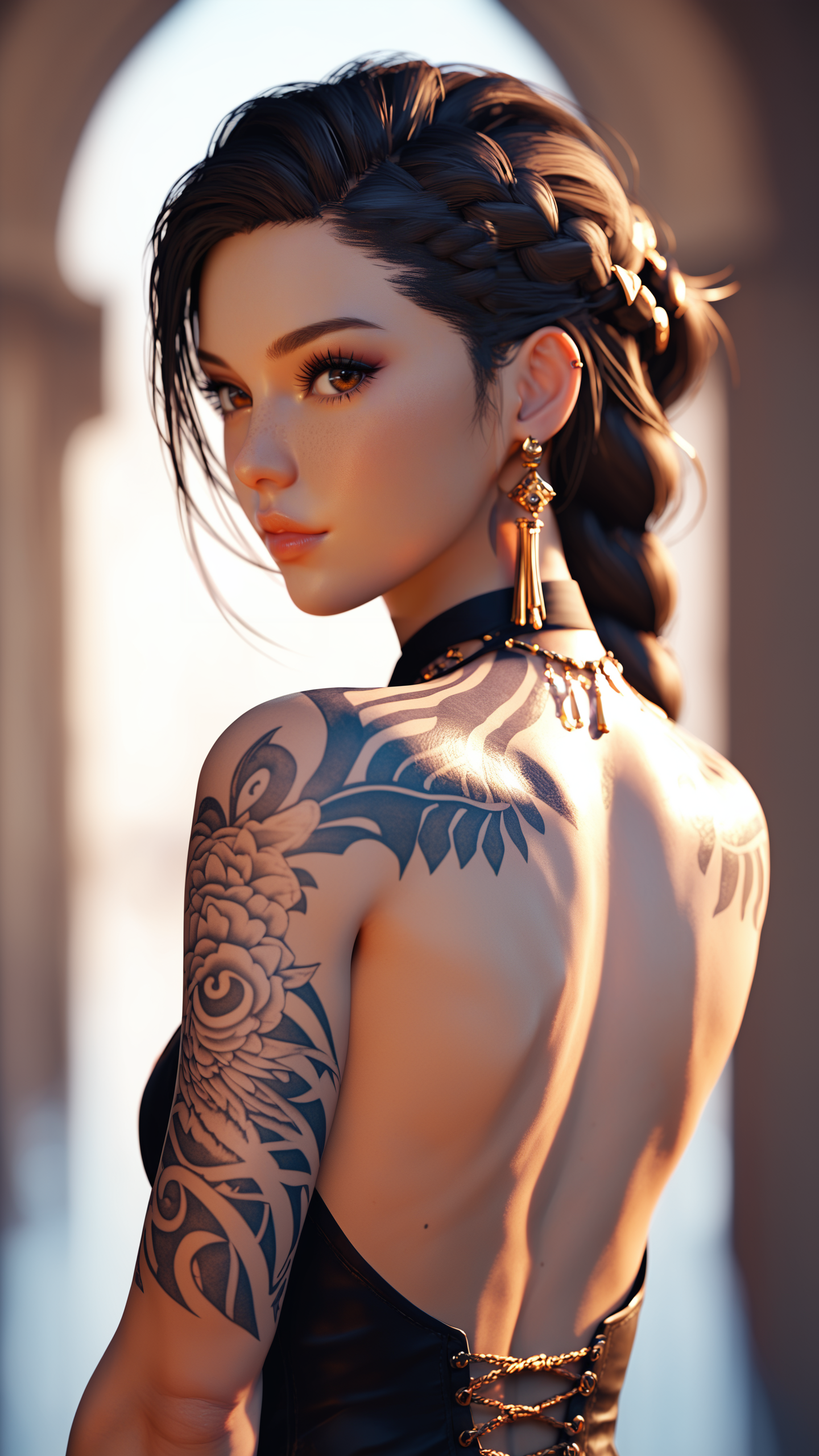 score_9, score_8_up, score_7_up, i want the whole image to be created in 3D anime style, 1girl, solo, long hair, looking at viewer, black hair, brown eyes, jewelry, closed mouth, upper body, braid, earrings, looking back, from behind, blurry, black eyes, lips, single braid, tattoo, blurry background, piercing, forehead, freckles, realistic, nose, back tattoo