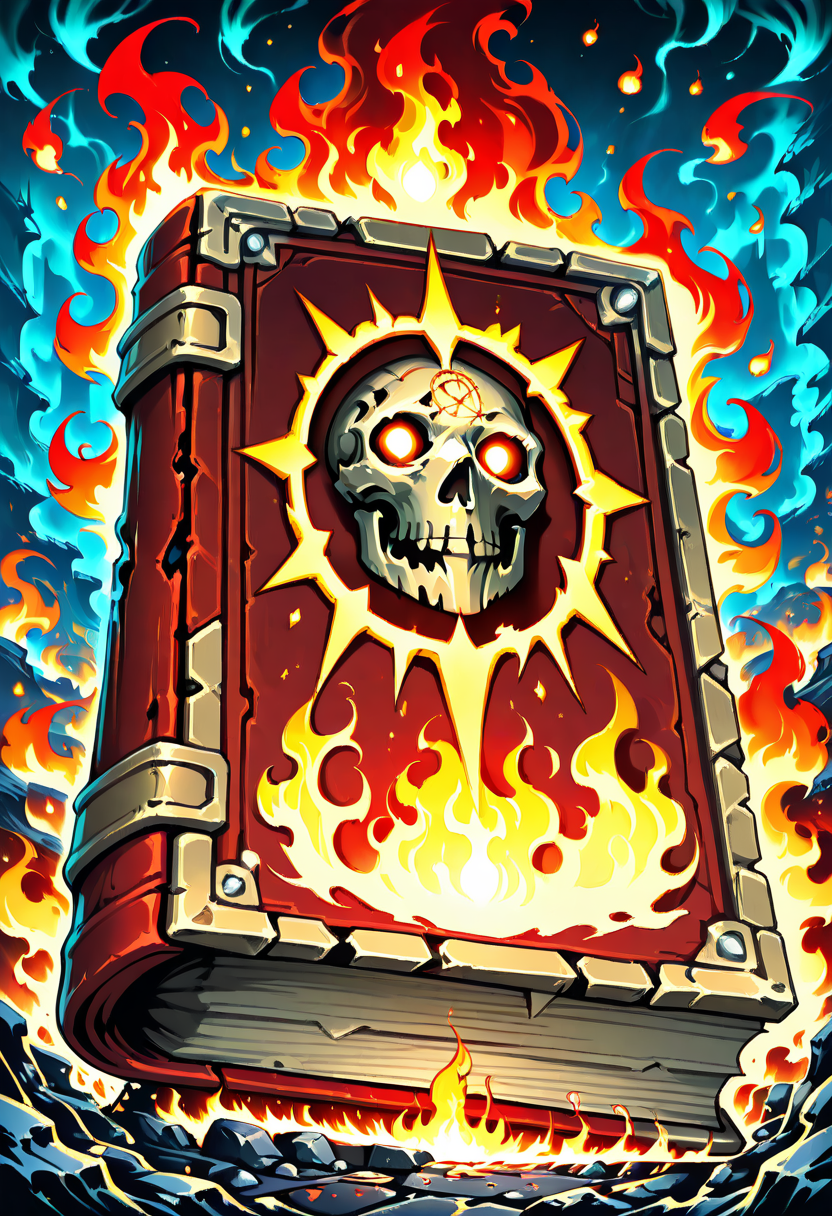 masterpiece, best quality, no humans,   CitronsGrimoires, red book, fire, Chaos symbols, warp energy, daemon markings, molten edges, runic symbols, twisted leather cover, infernal glow, blood-soaked pages, skull motifs, burning sigils, Warhammer Chaos, blackened spikes, glowing eyes, ritual altar, broken chains, sinister runes, cinematic lighting, apocalyptic atmosphere, war-torn battlefield, demonic aura, flickering flames, corrupted magic â The red grimoire pulses with malignant energy, its cover etched with the horrific symbols of Chaos: twisted skulls, inverted pentagrams, and the ever-present mark of the four Ruinous Powers. The pages within crackle with warped energy, each one stained with blood, and some seemingly alive, writhing with the essence of daemons. The edges of the book glow with a molten fire that burns without consuming, sending flickers of chaos fire across the battlefield. Spikes of blackened steel rise from the bookâs corners, each adorned with writhing chains. Flames dance around the book, casting hellish shadows upon the shattered altar beneath it. In the distance, the sounds of war drums can be heard, the clashing of Chaos warriors and their daemon minions echoing across the charred earth. This book is no mere relicâits power calls for destruction, a beacon of the gods of Chaos.  ,<lora:CitronsGrimoiresIXL:1.0>,