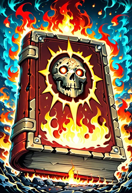masterpiece, best quality, no humans, CitronsGrimoires, red book, fire, Chaos symbols, warp energy, daemon markings, molten edges, runic symbols, twisted leather cover, infernal glow, blood-soaked pages, skull motifs, burning sigils, Warhammer Chaos, blackened spikes, glowing eyes, ritual altar, broken chains, sinister runes, cinematic lighting, apocalyptic atmosphere, war-torn battlefield, demonic aura, flickering flames, corrupted magic â The red grimoire pulses with malignant energy, its cover etched with the horrific symbols of Chaos: twisted skulls, inverted pentagrams, and the ever-present mark of the four Ruinous Powers. The pages within crackle with warped energy, each one stained with blood, and some seemingly alive, writhing with the essence of daemons. The edges of the book glow with a molten fire that burns without consuming, sending flickers of chaos fire across the battlefield. Spikes of blackened steel rise from the bookâs corners, each adorned with writhing chains. Flames dance around the book, casting hellish shadows upon the shattered altar beneath it. In the distance, the sounds of war drums can be heard, the clashing of Chaos warriors and their daemon minions echoing across the charred earth. This book is no mere relicâits power calls for destruction, a beacon of the gods of Chaos. ,<lora:CitronsGrimoiresIXL:1.0>,