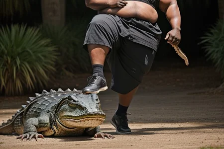 raw photo of (((a black fat man kicking an alligator))), (natural skin texture, hyperrealism, soft light, sharp)