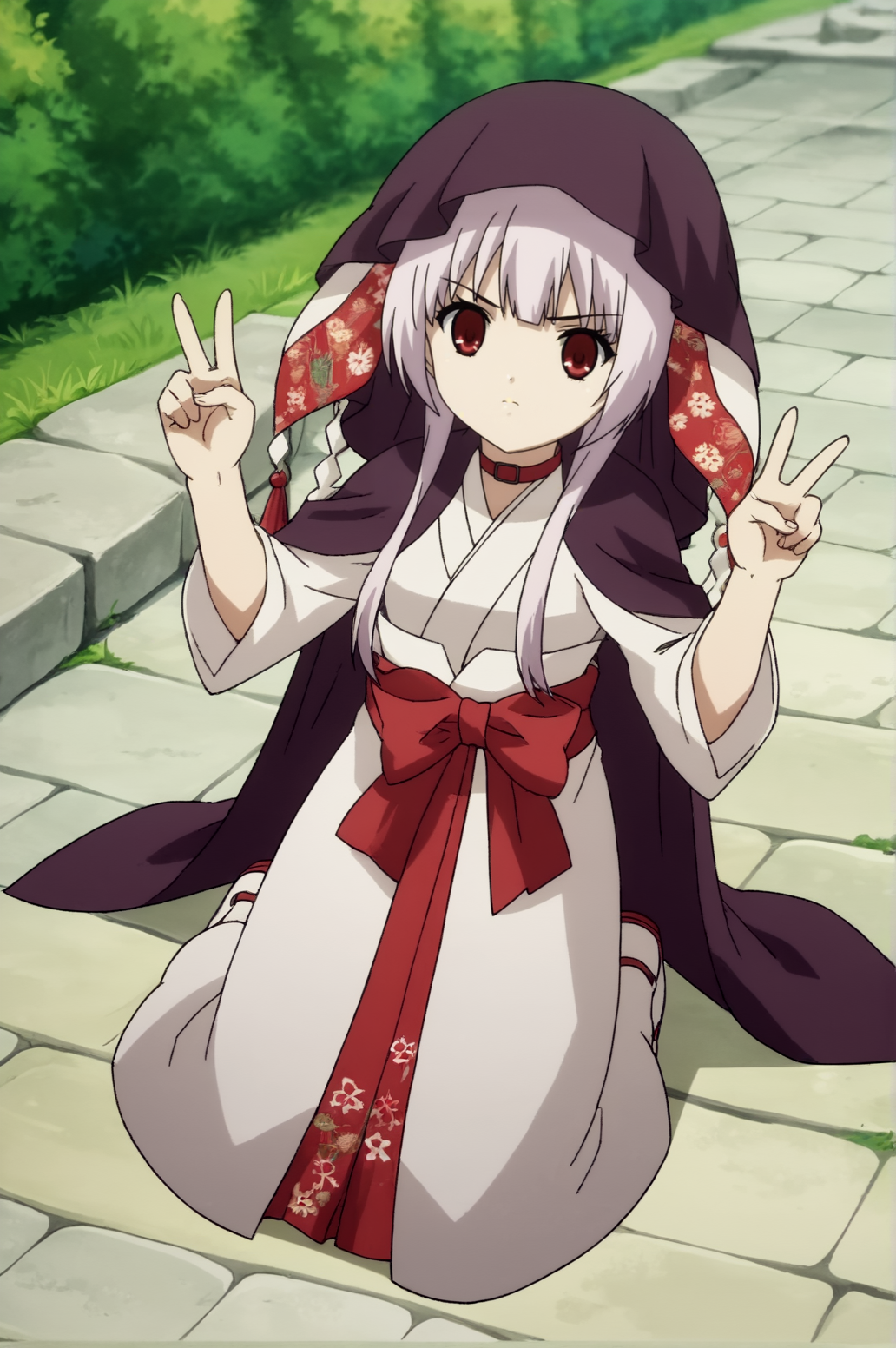 score_9, score_8_up, score_7_up,anime_source, source_anime, best background, detailed background, anime screencap,  Kannon, outdoors, full body, dynamic angle, expressless, v fingers, victory pose, on knees, floor, <lora:JN_ookami_kakushi:0.8>