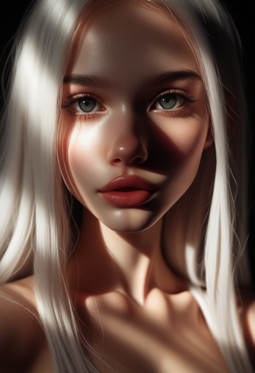 score_9, score_8_up, score_7_up, BREAK, A close-up of a girl with white hair and piercings. Her lips are parted, and the sunlight creates contrast with the dark theme, adding depth to her realistic features., pvdlle