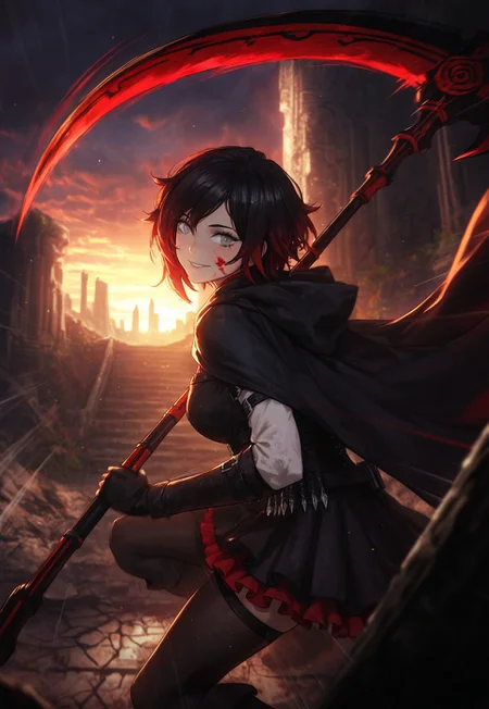 safe_pos, masterpiece,best quality,very aesthetic, absurdres, amazing quality, (by dino (dinoartforame):1.0), (by ilya kuvshinov:0.8),medieval fantasy ruins, underground temple, luminous plants, ruins, greenery, cracks, scenery BREAK
ruby rose, 1girl, grey eyes, short hair, black hair, red hair, gradient hair, two-tone hair, medium breasts, focused smile, incoming attack, attacking, motion lines, holding scythe, holding weapon, scythe, frills, outdoors,speed, golden-hour sky with clouds, side view, spectral ray, dramatic shadows,
BREAK dramatic lighting,shadows,hyper-detailed, 8K resolution, dynamic light, ambient occlusion, vibrant colors, eye-catching, colorful, detailed eyes, detailed face, textured surfaces, dramatic shadows, detailed background,ray tracing,night lighting,blood on face, particles,