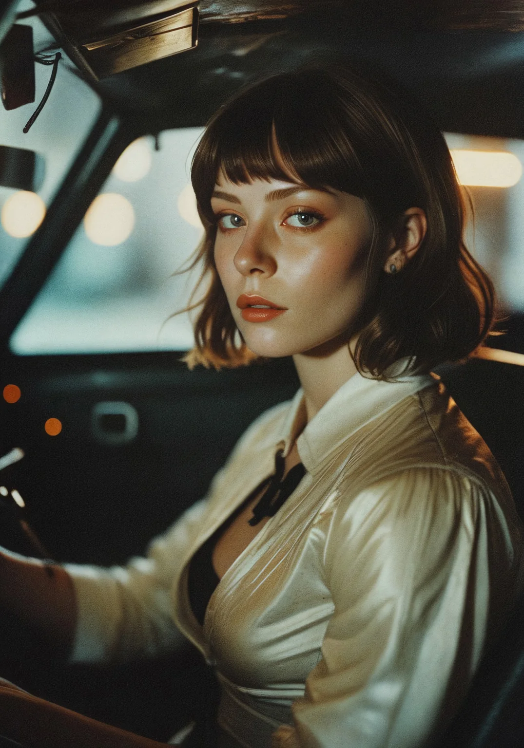highly detailed and hyper realistic photo, by B. Yeager , by Ivan Bilibin , by Adrian Ghenie , a bleached, a human-like advanced female android , pinup girl, driving a car, interior view in cinematic shot, movie frame, in the style of mandola art, limited dark palette, unusual dark colors, faded colors, atmospheric haze, highly dramatic cinematic lighting, motion blur, film grain, professional, excellent composition, finest details, maximized details, ultimate detail level, masterpiece, best quality