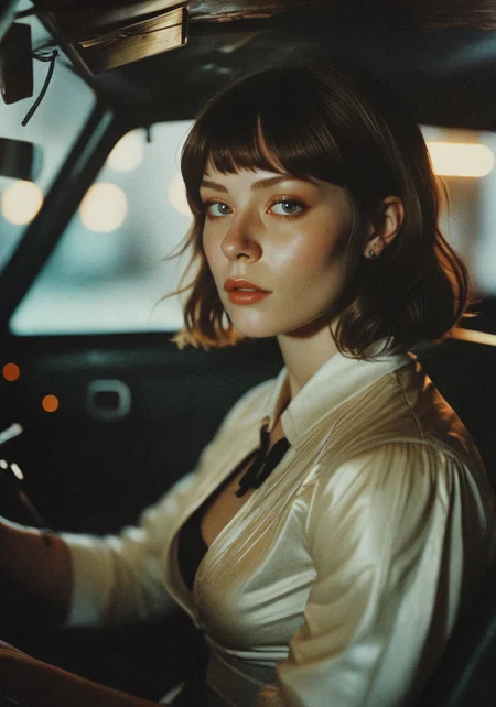 highly detailed and hyper realistic photo, by B. Yeager , by Ivan Bilibin , by Adrian Ghenie , a bleached, a human-like advanced female android , pinup girl, driving a car, interior view in cinematic shot, movie frame, in the style of  mandola art, limited dark palette, unusual dark colors, faded colors, atmospheric haze, highly dramatic cinematic lighting, motion blur, film grain,  professional, excellent composition, finest details, maximized details, ultimate detail level, masterpiece, best quality