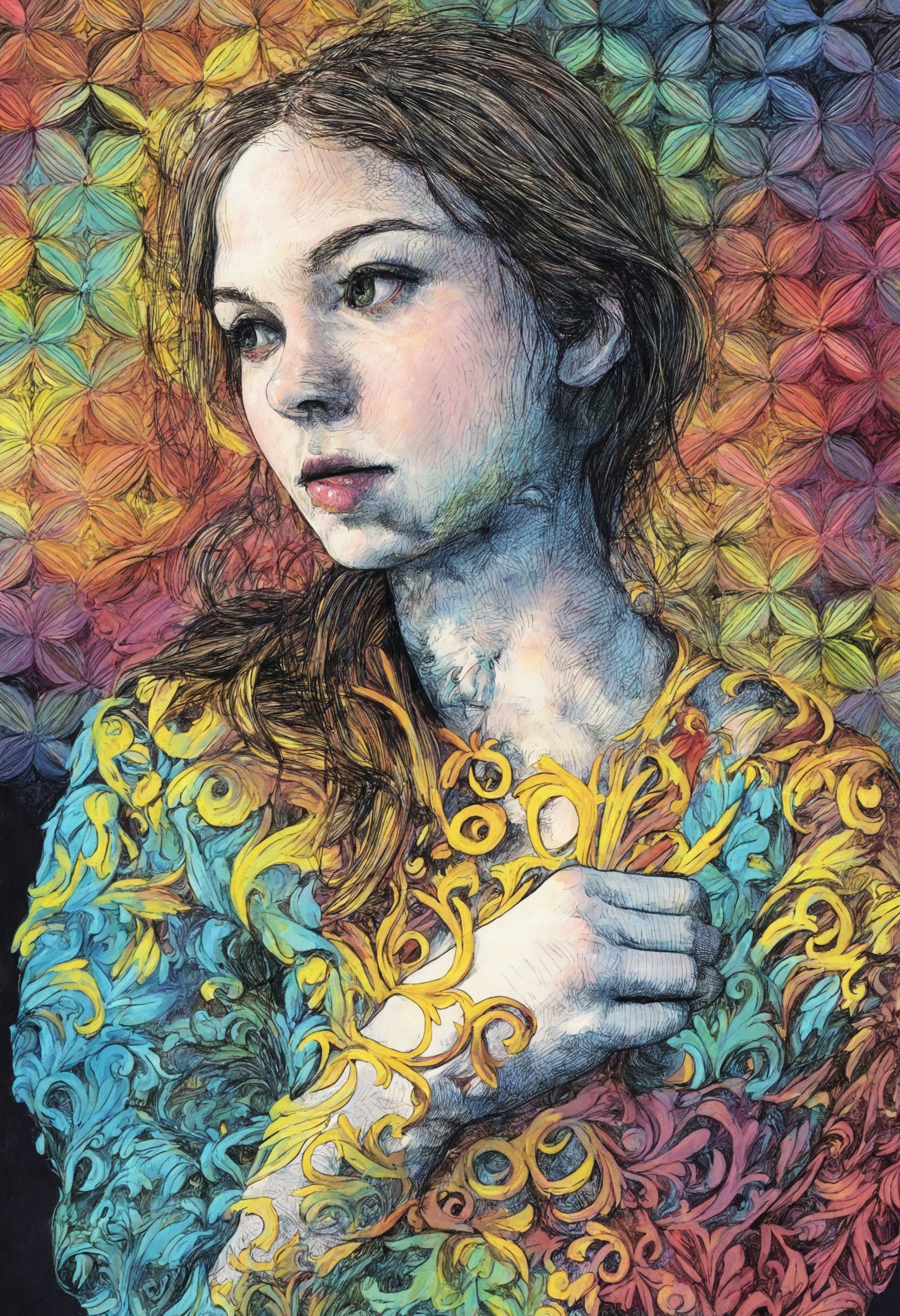 masterpiece, best quality, 1girl, solo, colorful, blending, hatching \(texture\), fine detail, intricate, pattern, patterned background<lora:CarolineHarrison_V1_NoobAI:1.0>