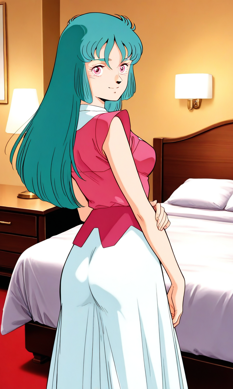 general,highres, ultra-detailed,very aesthetic,best quality ,best hands, BREAK <lora:Ciela_Lapana_dress_IS:0.9>
Ciela_Lapana(dress), 1girl, solo, long hair, pink eyes, aqua hair, bangs, green hair, medium breasts, 
dress, white skirt, long skirt,
ass,
smile, looking back, looking at viewer,  from behind,  closed mouth, 
hotel room, bed,
