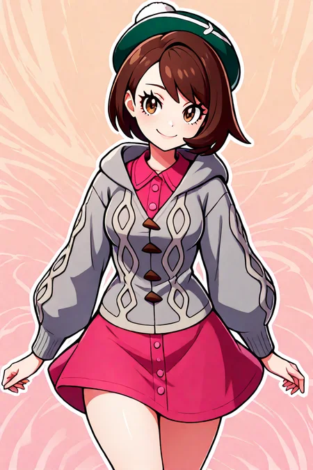 masterpiece, best quality, 32k, high resolution, absurdres, medium breasts, (curvy), cute, eyelashes, vivid colors, BREAK, ,,, , ,,, zzGloria, brown hair, brown eyes, green hat, grey cardigan, hooded cardigan, cable knit, pink dress, green socks, long sleeves, collared dress, <lora:GloriaPokemonIXL:1.0>, ,,,, ,,, smile, looking at viewer, cowboy shot, ,,, abstract background, white outline, <lora:CatalystIXL:0.8>,