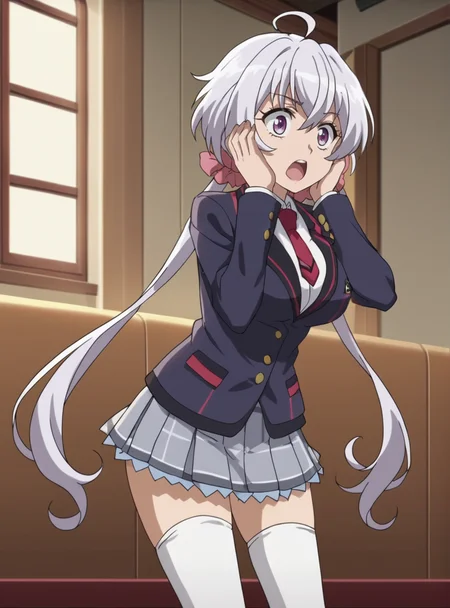 score_9, score_8_up, score_7_up, score_6_up, score_5_up, score_4_up, BREAK source_anime, masterpiece , anime screencap, anime_lineart anime coloring, <lora:YukineChris:0.8>yukinechris, long hair, purple eyes, twintails,low twintails, ahoge, large breasts, indoors, school uniform, blazer, necktie, white thighhighs, pleated skirt, open jacket,,surprised, open mouth,hands on own face,