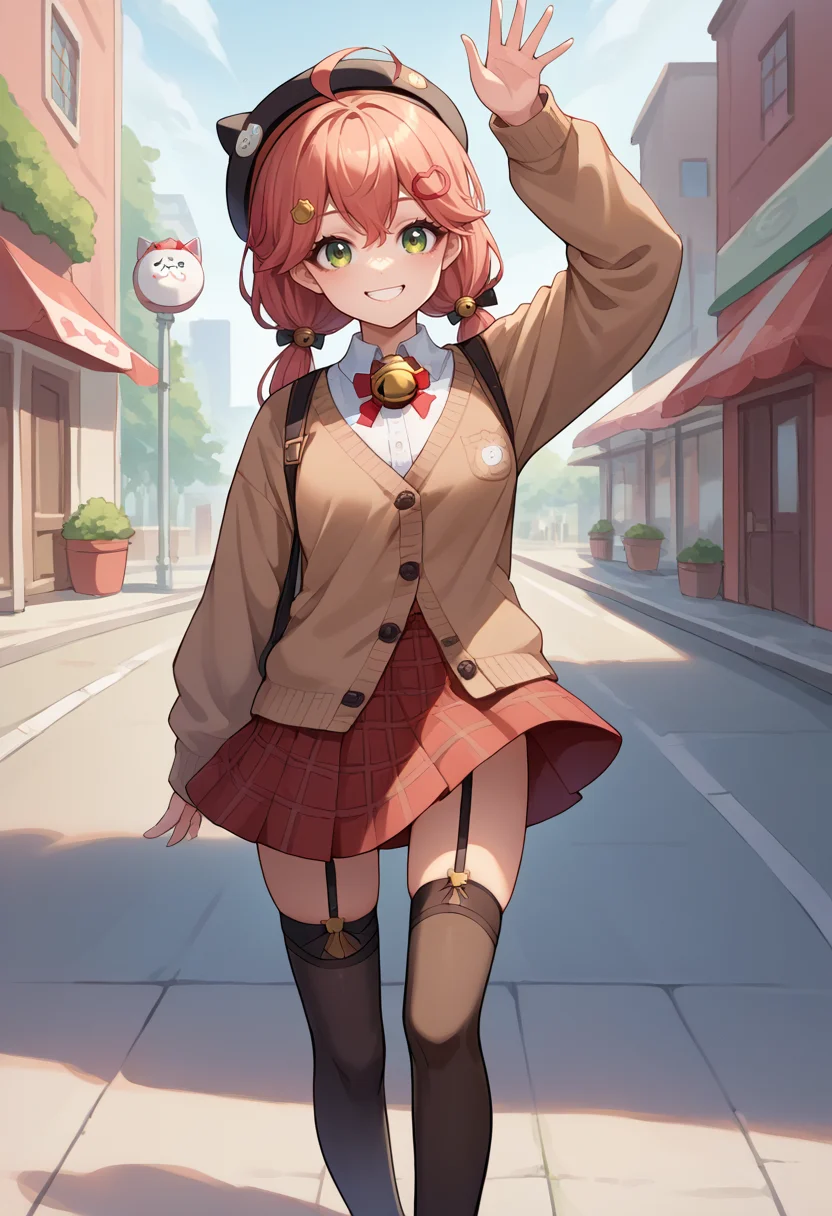 score_9, score_8_up, source_anime, 1girl, solo, MikoCasual, ahoge, low twintails, black hat, jingle bell, brown cardigan, red skirt, plaid skirt, bow, black thighhighs, garter straps, standing, sidewalk, smile, waving at viewer, arm up, <lora:CHAR-SakuraMikoPonyXL:1>